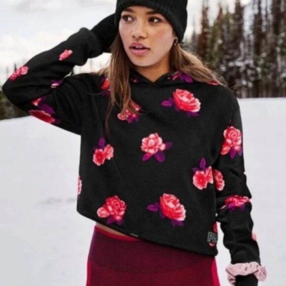 Victoria's Secret PINK | Black & Red Flower Crop Hoodie | Size Small - Picture 2 of 9